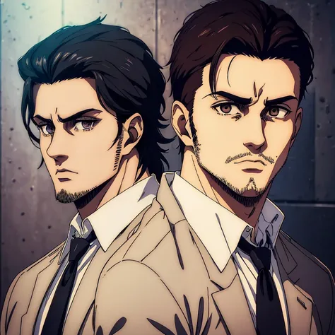 A male character  20 years old , who has brown eyes and black  hair in the Mappa art style. He is depicted in a grey shirt, showcasing a sharp jawline. He has short beard  in extendedegoatee style .He is also wearing black three piece suit. He is also fair...