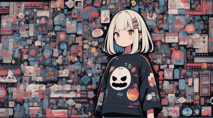 high qulity、Neon Core Palette、High level of image quality、kawaii girl、Unprecedented number of draws、style of anime、Background with scrolls and letters、Sticker style、short detailed hair、White hair、Brown eyes, messy  hair, To death, titles, baggy clothes, Lo...