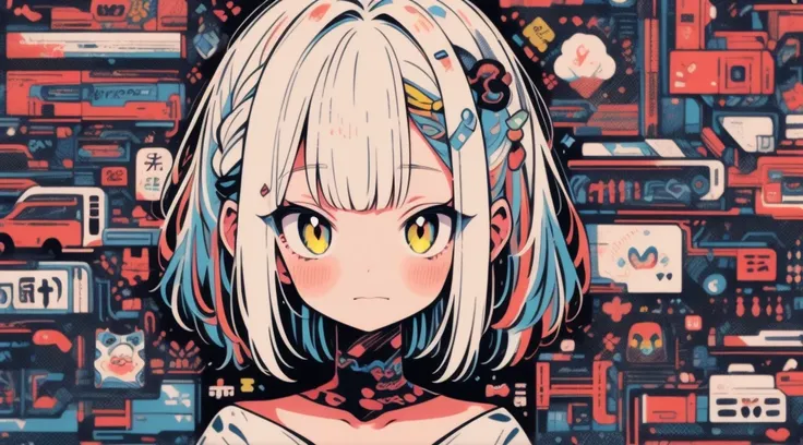 (best quality,high-res,ultra-detailed),neon color palette,anime-style,kawaii girl,unprecedented number of lottery entries,background with scrolls and letters,sticker-style,short hair with messy style,white hair,brown eyes,tired eyes,loose clothing,loose t-...