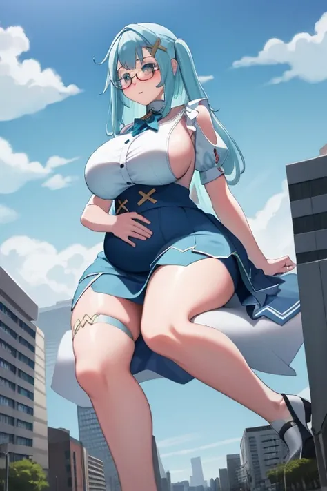 Giant maiden，Moe two-dimensional style，Pregnancy status，Round belly, Huge breasts, Thick thighs, Thicc，Gaze at the bustling city, Lying down, Glasses, Maid clothes, Full body