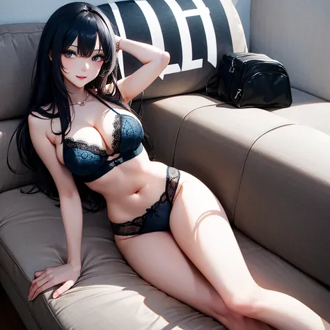 Black hair, sexy, large breasts, ((blue lingerie)), ((blue underwear))