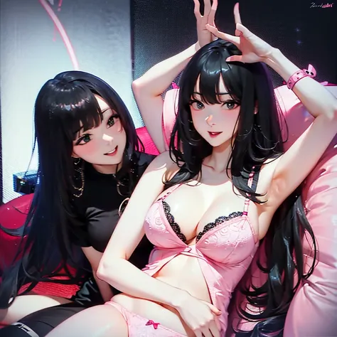 Black hair, sexy, large breasts, ((pink lingerie)), ((pink underwear))