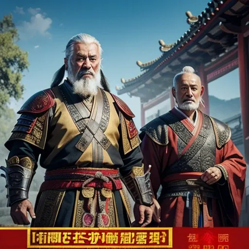 oriental、Old man wearing ancient Chinese armor、old man with ancient chinese hairstyle、three kingdom、multiple warlords、top-quality、​masterpiece、超A high resolution、(Photorealsitic:1.4)、Game Posters、