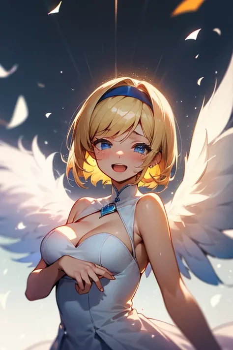 masterpiece, best quality, highres, ddnina, blonde hair, short hair, swept bangs, hairband, blue eyes, angel wings, white wings, wedding dress, white dress, sleeveless, garden, standing, confetti, smile, open mouth, tears, holding sword, upper body, jewelr...