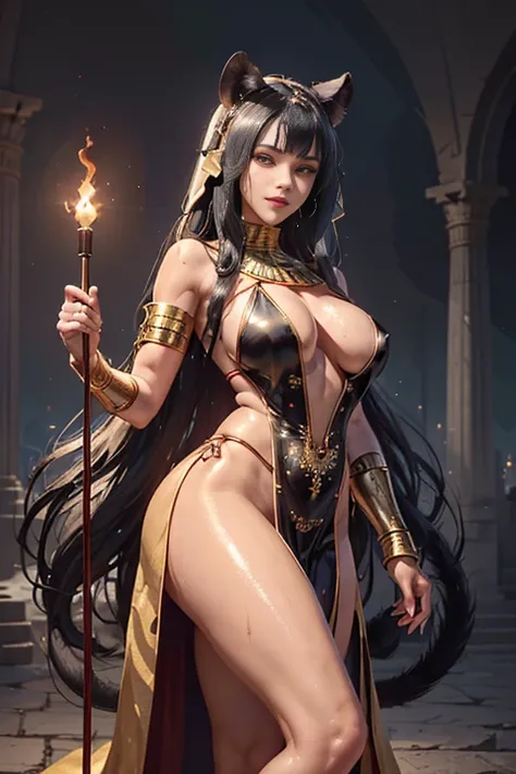 queen panther girl from ancient Egypt, (((panther woman,anthro furry cute,panther female warrior,panther-girl))),(((tail,panther tail,panther ears,thin panther tail,panther ears on head,big panther ears))),(large breasts:1.4,saggy breasts),((black hair:1.4...