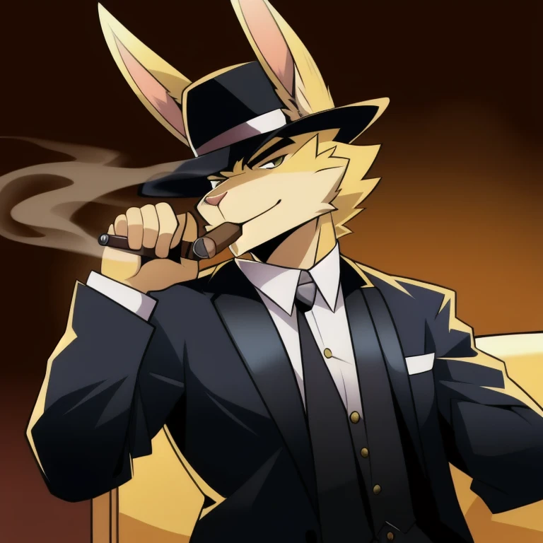 solo, male, rabbit, yellow colored fur, lean body, anthropomorphic rabbit, mafia outfit, mafia boss goon, cigar in mouth, holding revolver