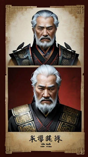 oriental、Old man wearing ancient Chinese armor、old man with ancient chinese hairstyle、three kingdom、multiple warlords、top-quality、​masterpiece、超A high resolution、(Photorealsitic:1.4)、Game Posters、