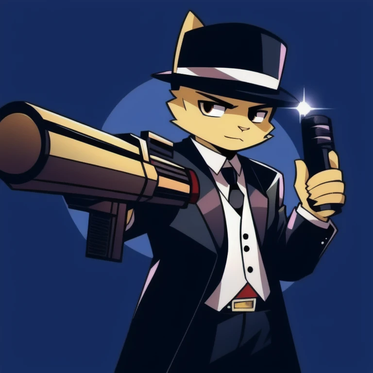 solo, male, rabbit, yellow colored fur, lean body, anthropomorphic rabbit, mafia outfit, mafia goon, holding grenade launcher