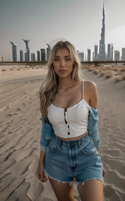 (Helen Lovista) photo d&#39;une belle belle femme, 24 ans, perfect fit body, sur deux, long messy windy blonde hair, Burj Khalifa, Dubai, United Arab Emirates, building, desert wasteland, high contrast, contre-jour, fleurir, Lueurs lumineuses, aberration c...