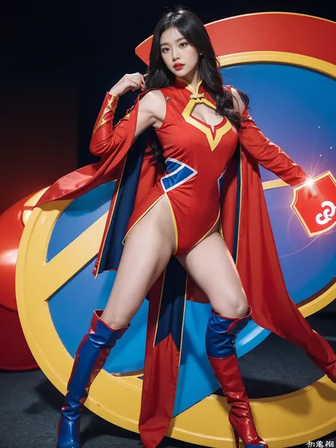 Cg Chinese superwoman wearing a red and yellow shield shape on the chest「S」The symbol is wearing an all-red and blue jumpsuit with a long cape hanging on its back, and its feet are wearing red over-the-knee boots, standing full body with GG realistic super...