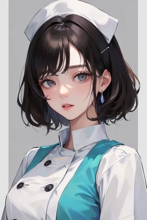 (Top resolution、Distinct_image)top-quality、femele、​masterpiece、ighly detailed、Semi-realistic、Black short hair、Dark hair、grey  eyes、bangss、25-years old、Mature、年轻、絶妙なFacial features、Facial features,nurse,white