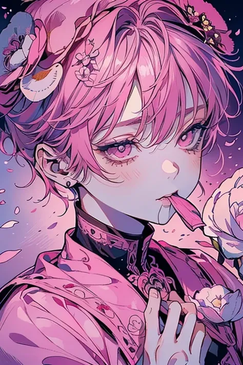 (masutepiece), (Best Quality), Highly detailed, 1 boy, Solo Focus，Perfect face, Beautiful face, extra detailed face，(Light pink hair:1.3)，(Shining pink eyes:1.4)，(Opening Mouth:1.4)，(spit flowers out of the mouth:1.4)，(Teary-eyed:1.3)，(flower petals:1.4)