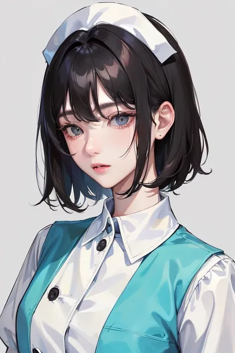 (Top resolution、Distinct_image)top-quality、femele、​masterpiece、ighly detailed、Semi-realistic、Black short hair、Dark hair、grey  eyes、bangss、25-years old、Mature、年轻、絶妙なFacial features、Facial features,nurse,white color:1.5