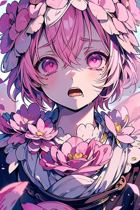 (masutepiece), (Best Quality), Highly detailed, 1 boy, Solo Focus，Perfect face, Beautiful face, extra detailed face，(Light pink hair:1.3)，(Shining pink eyes:1.4)，(Opening Mouth:1.4)，(vomit flowers:1.4)，(Teary-eyed:1.3)，(flower petals:1.4)