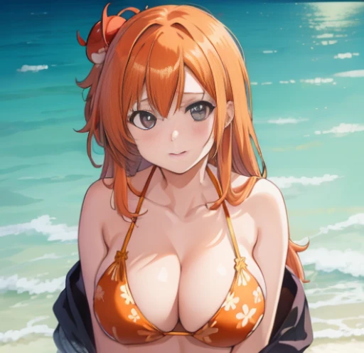 (masutepiece, Best Quality:1.2),Illustration,8K,hard disk,1girl in,Solo,Upper body,(Portrait:1.2),Large breasts,Orange hair,Long hair,Bow,grey  eyes,Hair Ornament,Hair Ornament，Bikini swimwear，pareo，sea side，sand beach，evening