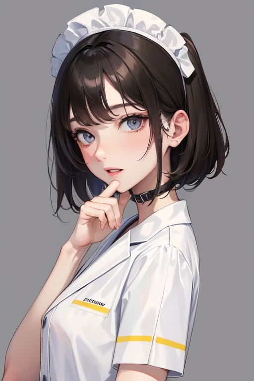 (Top resolution、Distinct_image)top-quality、femele、​masterpiece、ighly detailed、Semi-realistic、Black short hair、Dark hair、grey  eyes、bangss、25-years old、Mature、年轻、絶妙なFacial features、Facial features,physician