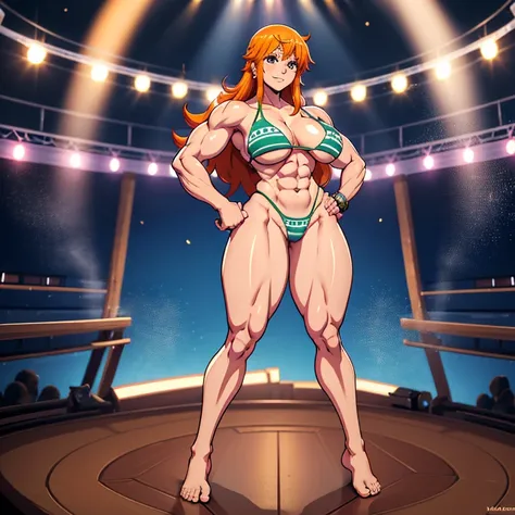 Anime, High-quality full body picture of Nami as a bodybuilder in a tight bikini, tanga, ohne Schuhe, feet, bare feet, massive muscular body, huge muscular shoulders, Massive big biceps, Venen im Bizeps, Muskelbeine, massive muscular abs, bizeps flex. posi...