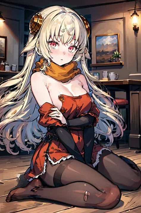 1girl, masterpiece, best quality, highly detailed, illustration, warg (rance), indoors, sitting, dress, red eyes, orange scarf, embarrassed, topless, bottomless, ((torn clothes)), ((off-shoulder brest)), sweet, little curvy, pantyhose, heart pasties