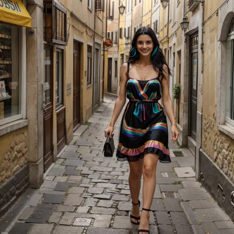 28 years old Italian model, black hairs, wearing multicolor  dress, iper definizione, ultra realismo,smiling, walking around the italian city.