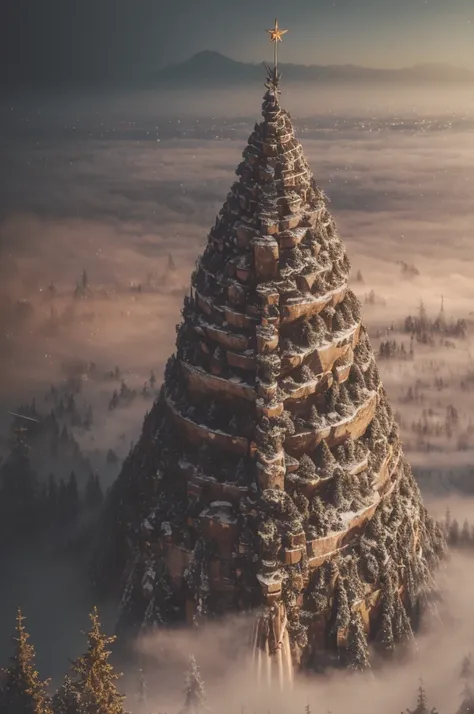 abstract colors, texture, film grain, skin pores:0.2 (tilt shift photography)1.2, intricate dramatic portrait of a beautiful (windblown)1.2 scifi steampunk (medieval fantasy magical christmas tree)1.2 on top of a rocky mountain overlooking a futuristic (so...