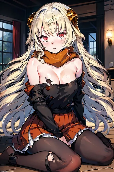 1girl, masterpiece, best quality, highly detailed, illustration, warg (rance), indoors, sitting, dress, red eyes, orange scarf, embarrassed, topless, bottomless, ((torn clothes)), ((off-shoulder brest)), sweet, little curvy, pantyhose