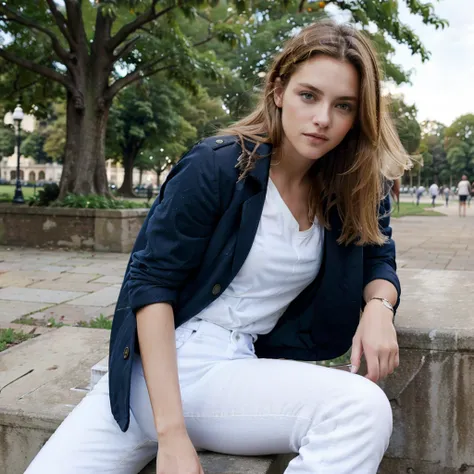 female supermodel sits in Hyde Park. Brown coat, white T-shirt, navy blue jeans.