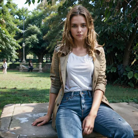 female supermodel sits in Hyde Park. Brown coat, white T-shirt, navy blue jeans.