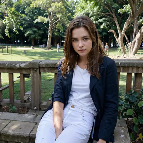 female supermodel sits in Hyde Park. Brown coat, white T-shirt, navy blue jeans.