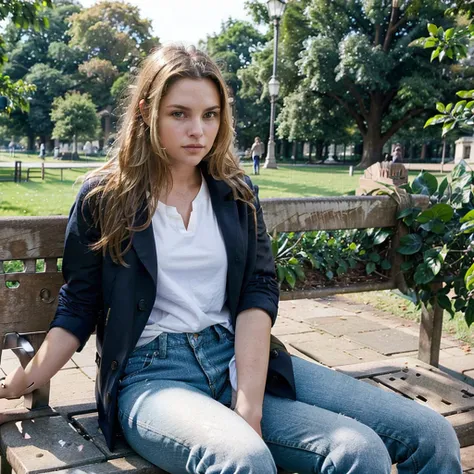 female supermodel sits in Hyde Park. Brown coat, white T-shirt, navy blue jeans.