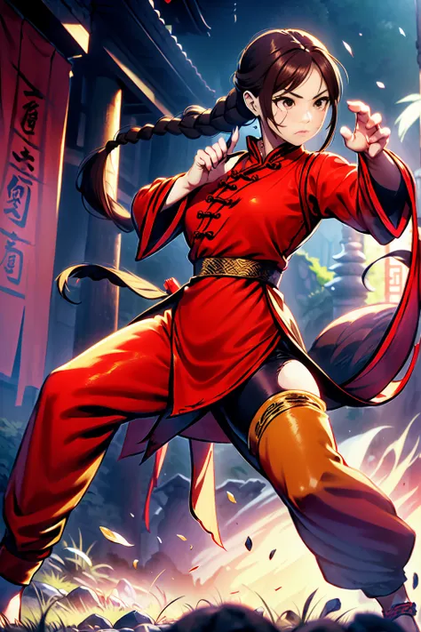 lei kugo live a live, qipao, chinese clothes, traditional clothes, action pose, full body, brown hair, braided hair, scars on fa...