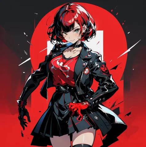 in the art style of persona 5, smal breast, delinquent, (sukeban), mature_female, blush, mature, older woman, 25 years old, Sukeban teacher outfit, (1girl, solo female, solo, solo focus)++++, choker, sukeban teacher, sukeban fighter, long_sleeves, open jac...