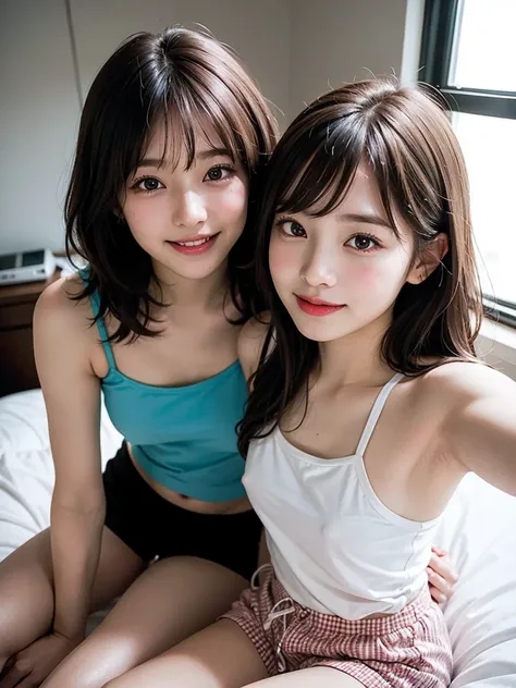 realistic, 2girls, ((selfie)), brown eyes, body close together, looking up, mouth wide open, smiling, face extra large zoom, sitting on bed, sexy, (bare shoulders), (covered nipples), (camisole), (dolphin shorts), (small breasts)