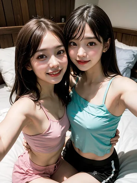 realistic, 2girls, ((selfie)), brown eyes, body close together, looking up, mouth wide open, smiling, face extra large zoom, sitting on bed, sexy, (bare shoulders), (covered nipples), (camisole), (dolphin shorts), (small breasts)