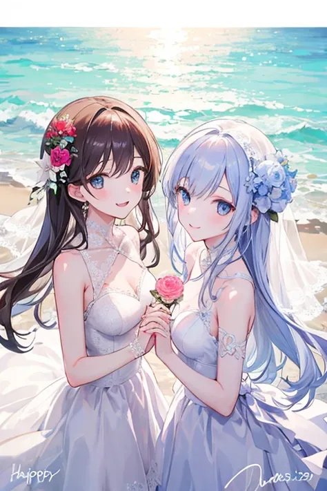 tmasterpiece, Best quality at best, 2 girls, Weddings, Summer beach，white lace wedding dress，详细的脸, 詳細な目, beautidful eyes,looking at viewert,Happy smile，Flowers in hand