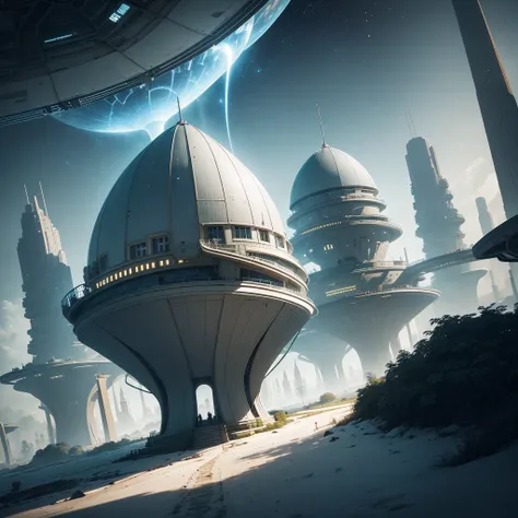 In a Space Race Era village, sleek metallic pathways wind between futuristic domed habitats and structures adorned with shimmering solar panels and blinking lights. Inhabitants, clad in sleek space suits and helmets, traverse the pathways, attending to hig...