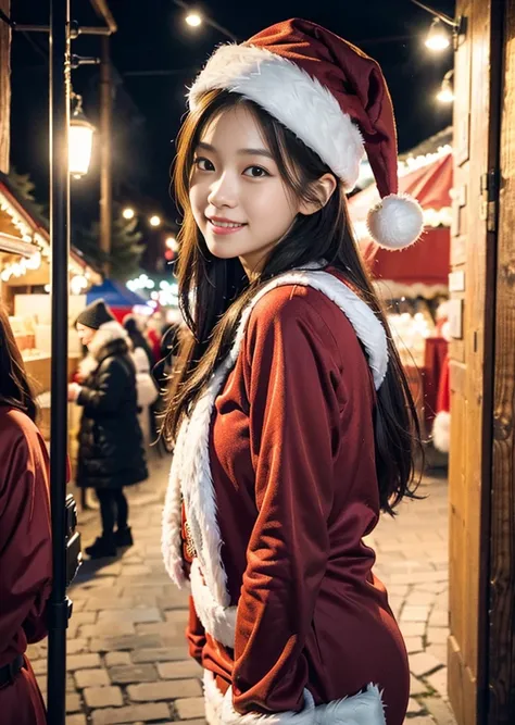 ((santa claus costume)),(((looking at viewer:1.5))),(((Photographing a girl from side))),ulzzang-6500-v1.1, (Raw photo:1.2), (Photo realistic:1.4), a beautiful detailed girl, extremely detailed eye and face, beautiful detailed eyes, ultra-detailed, High re...