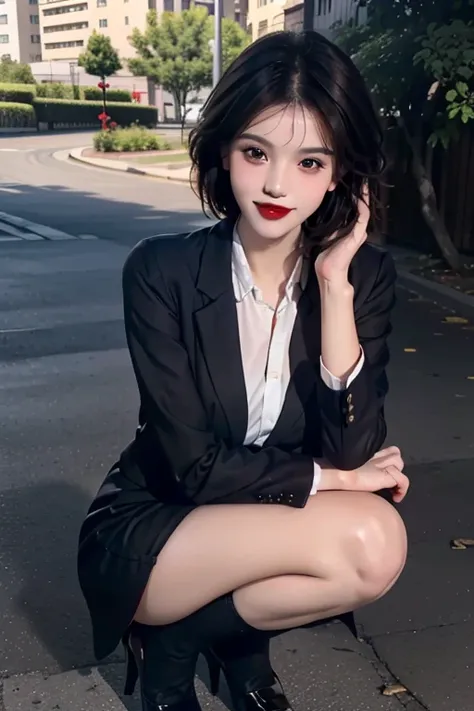 Best quality, full body portrait, delicate face, pretty face, 20 year old woman, , short black hair, slim figure, large bust, ((make up)), red lips, medium breasts, black stockings with dots, OL uniform, office clothes, black shoes, outdoor scene, squat, w...