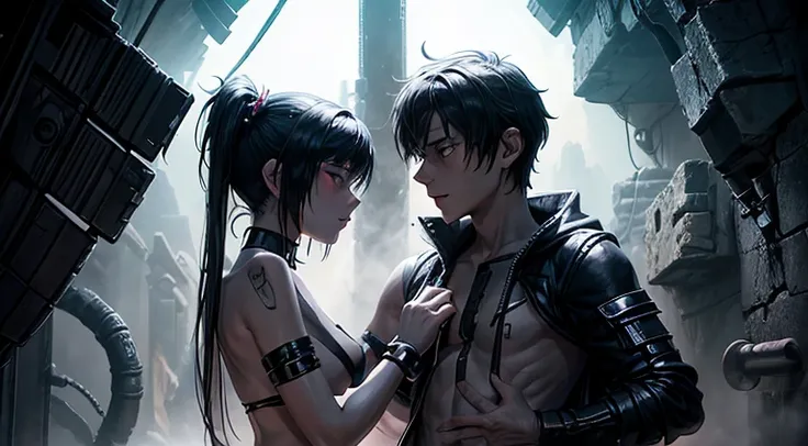 a tied up naked teenager girl in black pigtails with an emo teenager male guy with short black hair squeezing her boobs, spaceship, space ship, futuristic, guy with short hair, bondage, bdsm, incest, brother, sister, tenderness