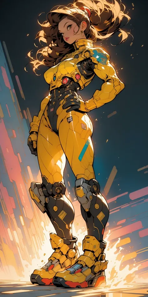 ((Best quality)), ((masterpiece)), (detailed: 1.4), (Absurd), (((full body)), (((woman))), 35-year-old woman, Beautiful muscular woman, giant robot pilot, wild with perfect fit body, wearing little clothing, tiny thong, clothing with Japanese graphic patte...