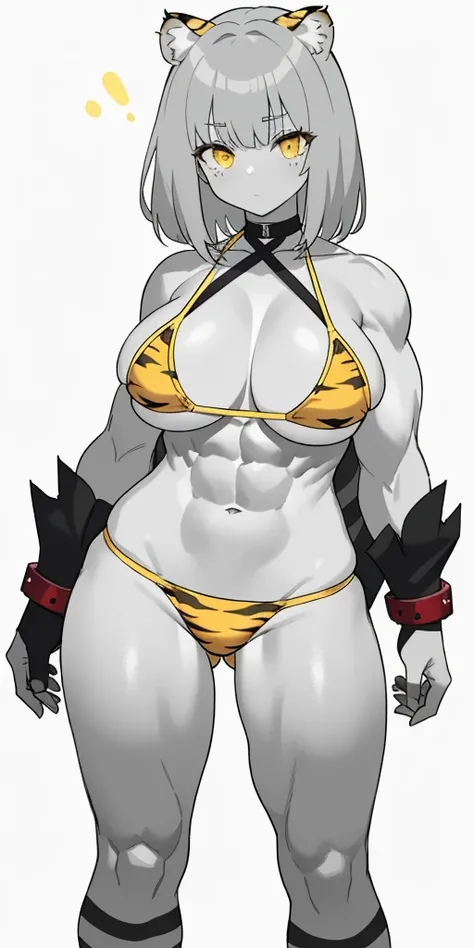 perfect hair, perfect body, looking at the viewer, standing, posing, mature female, very grey skin, muscular body, female oni, big breast, black chocker, slave chains, (((grey skin))), (detailed yellow bikini with tiger dots)