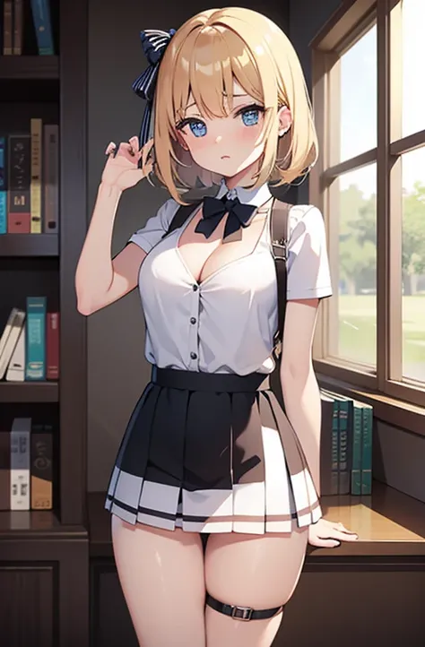 lily_white, [[[regretful]]],  [[[library]]], [[Leaning]], provocative position, short skirt, cleavage, exposed mid-section, exposed thighs