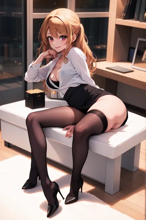 anime, beautiful face, highly detailed face, 2 accurate legs detailed eyes, highly detailed background, perfect lighting, accurate arms, accurate hands, accurate fingers, full body, 1girl, solo, ruby hoshino, oshi no ko, indoors, detailed heels, black deta...