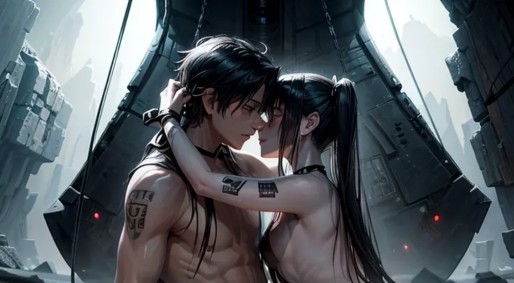 a tied up naked teenager girl in black pigtails kissing an emo teenager male guy with short black hair, spaceship, space ship, futuristic, guy with short hair, bondage, bdsm, incest, brother, sister, tenderness