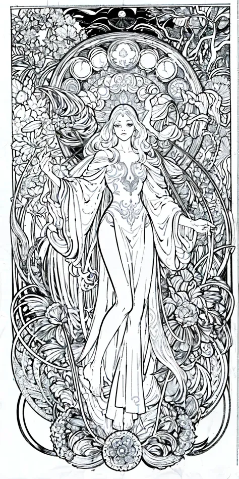 Flowers and goddess, ploynesian, garden, art for coloring book page, full white background, only use outline, line art, coloring book, clean line art, mandala for coloring with nature ornaments,  and clean line art, coloring book page, adorned in Art Nouve...