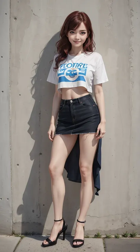 26 year old white woman、Hair color is reddish、Hair is wavy、Eye color is blue、Longhaire、A slender、a smile、She is wearing a T-shirt that shows her underboob.、My abs are cracked、A slenderだが均整の取れた細マッチョ、Im wearing pin heels、standing against a concrete wall、a sm...