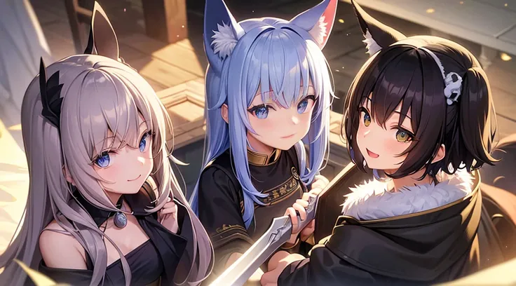 PC Wallpapers、One person、There are horse ears on the head、Long black dress with little exposure、hair color is ivory、Shorthair、Smiling Older Sister、The left and right eyes have different colors、holding two swords in hand