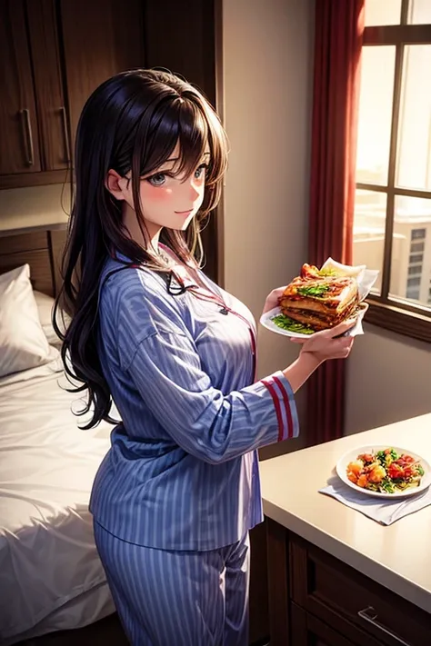 Beautiful woman delivers food to a man in a hotel room in the middle of the night. The woman is wearing pajamas.