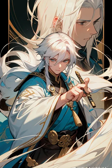 tmasterpiece, a closeup of a man with white hair and a white mask, Belle peinture de personnage, Guviz, Guwiz style artwork, white-haired god, Yang Jian, Epic and beautiful character art, Amazing character art, Fan Qi, Wu Zhun Shifan, Gu Vitz from Pixiv Ar...