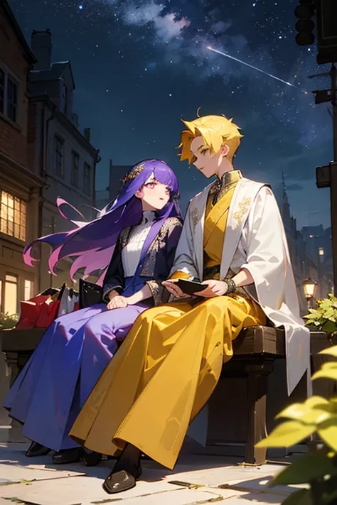 ((Best quality at best)), ((tmasterpiece)), (Detailed pubic hair), s the perfect face，2boy，Blue starry sky and bustling streets，On the right is a yellow-haired boy who is shopping and wearing a mid-length tunic suit.，The boy with long purple hair on the le...