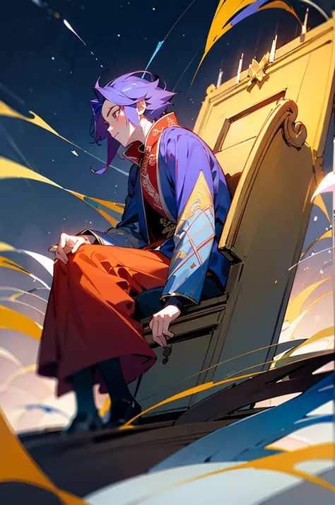 ((Best quality)), ((tmasterpiece)), (Detailed pubic hair), Its a perfect face，2boy，Blue starry sky and bustling streets，On the right is a boy with yellow hair、Shopping in a midi-length jacket..，The boy with long purple hair on the left is wearing a Chinese...